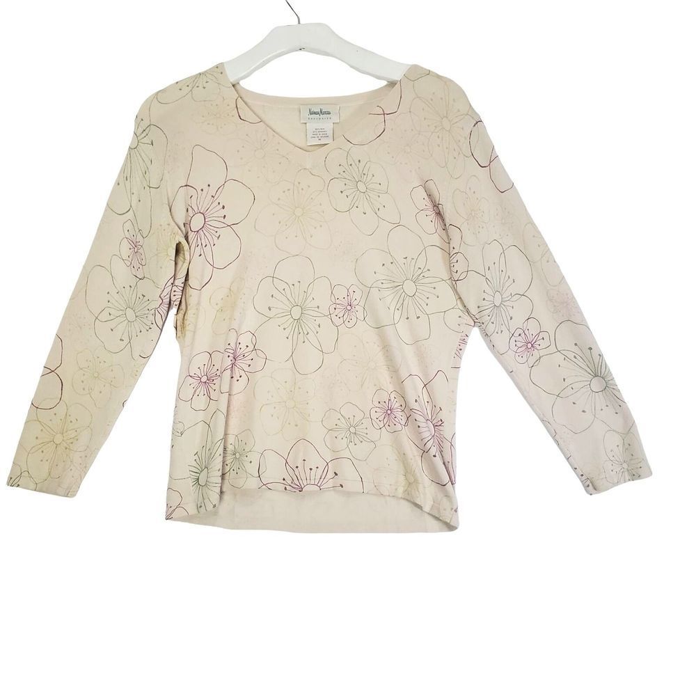 Neiman Marcus Silk Floral Long Sleeve Top Womens Size M Cream Pink Yellow Luxury
